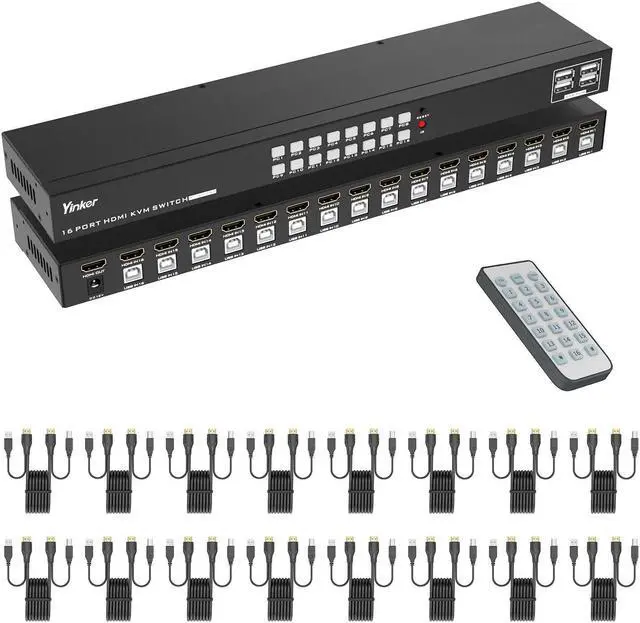 Main image of Yinker 16 Port KVM Switch HDMI, 4K@30Hz HDMI Rack Mount KVM Switch w/ 16 Pcs KVM Cables, Support 4 USB 2.0 Devices & HDCP 2.2 & Remote Control for 16 Computers/Servers