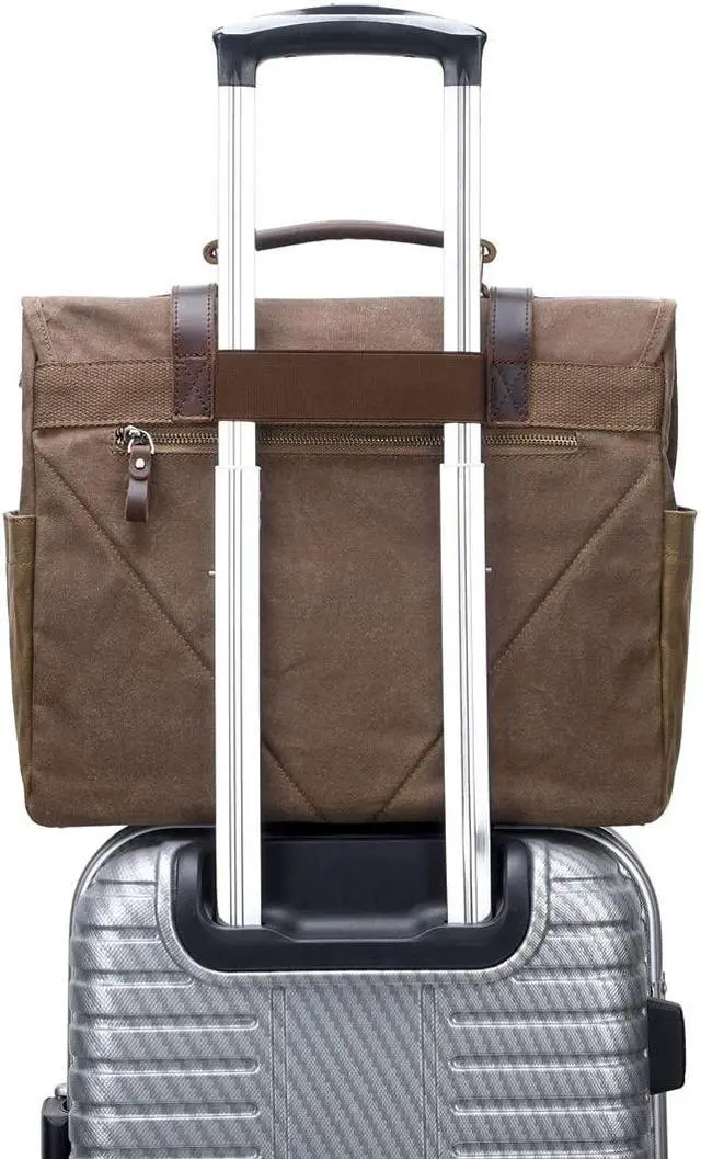 Alt view image 2 of 5 - Messenger Bag for Men, 15.6 Inch Waterproof Vintage Genuine Leather Laptop Briefcase Waxed Canvas Large Computer Satchel bag Travel Leather Shoulder Work Bag with Key Bag (Brown)