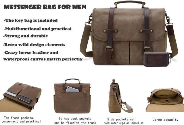 Alt view image 3 of 5 - Messenger Bag for Men, 15.6 Inch Waterproof Vintage Genuine Leather Laptop Briefcase Waxed Canvas Large Computer Satchel bag Travel Leather Shoulder Work Bag with Key Bag (Brown)