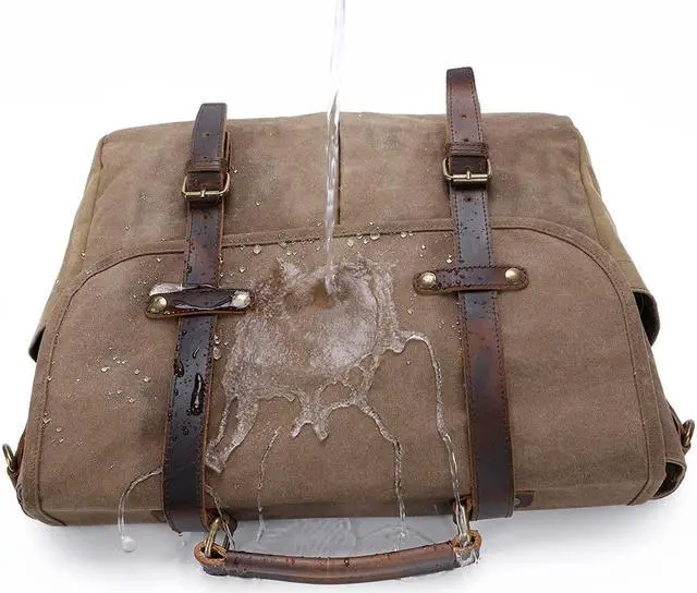 Alt view image 4 of 5 - Messenger Bag for Men, 15.6 Inch Waterproof Vintage Genuine Leather Laptop Briefcase Waxed Canvas Large Computer Satchel bag Travel Leather Shoulder Work Bag with Key Bag (Brown)