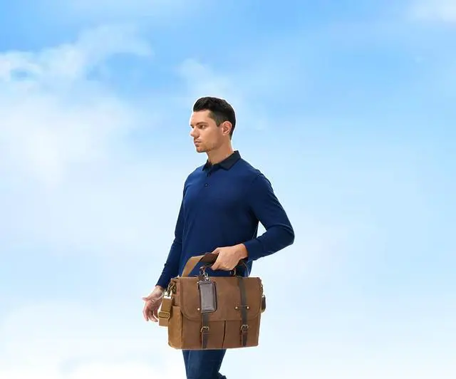 Alt view image 5 of 5 - Messenger Bag for Men, 15.6 Inch Waterproof Vintage Genuine Leather Laptop Briefcase Waxed Canvas Large Computer Satchel bag Travel Leather Shoulder Work Bag with Key Bag (Brown)