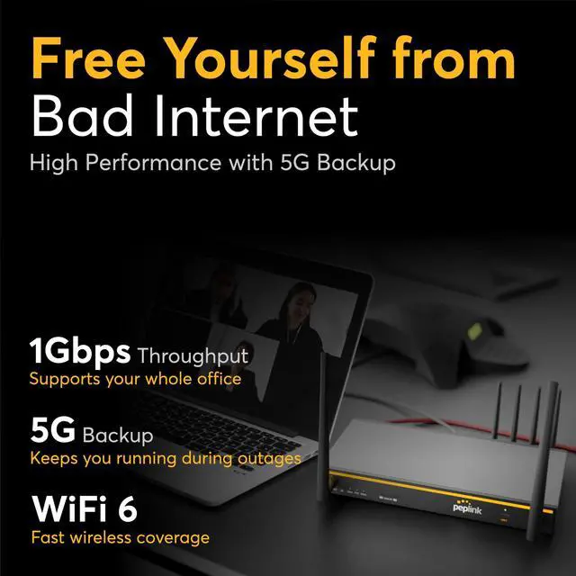 Alt view image 2 of 5 - Peplink B One 5G - Gigabit Dual WAN Cellular WiFi Router for Wireless Internet - 1Gbps Throughput, Wi-Fi 6, Dual-Band, 4 LAN Ports, Supports 150 Users, Peplink App Setup
