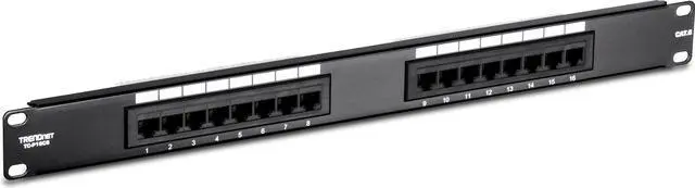 Main image of TRENDnet 16-Port Cat6 Unshielded Patch Panel, TC-P16C6, Wallmount or Rackmount, 1U 19" Cat3/Cat4/Cat5/Cat5e/Cat6 Compatible, 250Mhz Connection, Ethernet/Fast Ethernet/Gigabit Ethernet (1000Base-T)