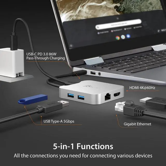 Alt view image 3 of 5 - j5create USB C Hub - 4K 60Hz HDMI, 100W PD, 2 x USB-A, Ethernet | for Steam Deck, MacBook, ChromeBook, XPS, Surface Pro (JCD391)