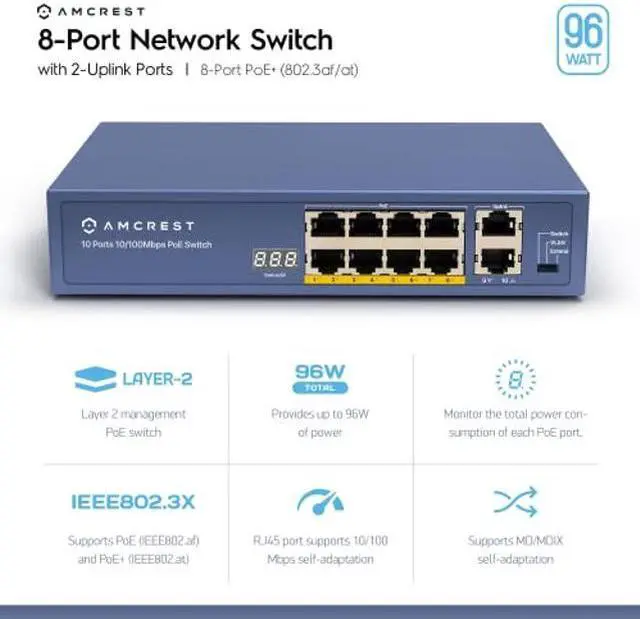 Alt view image 2 of 5 - Amcrest 9-Port POE+ Power Over Ethernet POE Switch with Metal Housing, 8-Ports POE+ 802.3at 96w (AMPS9E8P-AT-96)