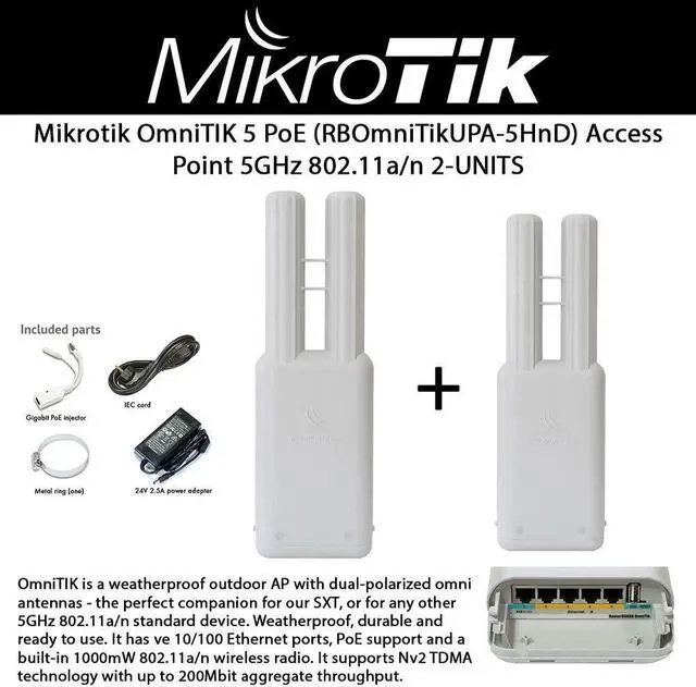 Alt view image 2 of 5 - Mikrotik OmniTIK 5 PoE (RBOmniTikUPA-5HnD) 2-UNITS weatherproof outdoor Access Point with dual-polarized omni antennas, 5xEthernet ports with PoE output, 802.11a/n wireless radio