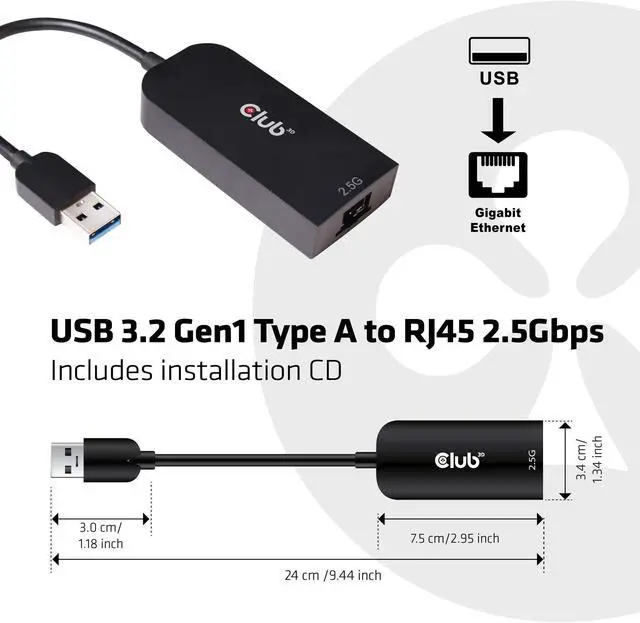 Alt view image 2 of 5 - Club 3D CAC-1420 USB 3.2 Gen1 Type C to RJ45 2.5Gbps Adapter M/F