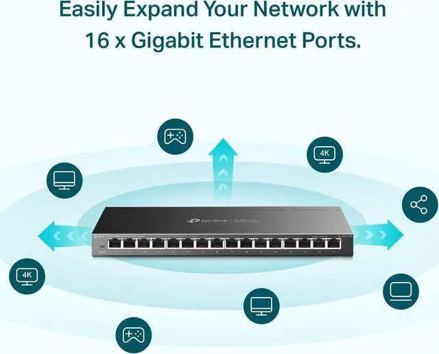 Alt view image 2 of 5 - TP-Link TL-SG116E | 16 Port Gigabit Switch | Easy Smart Managed | Plug & Play | 3 Year Manufacturer Warranty | Desktop/Wall-Mount | Sturdy Metal w/ Shielded Ports | Support QoS, Vlan, IGMP and LAG