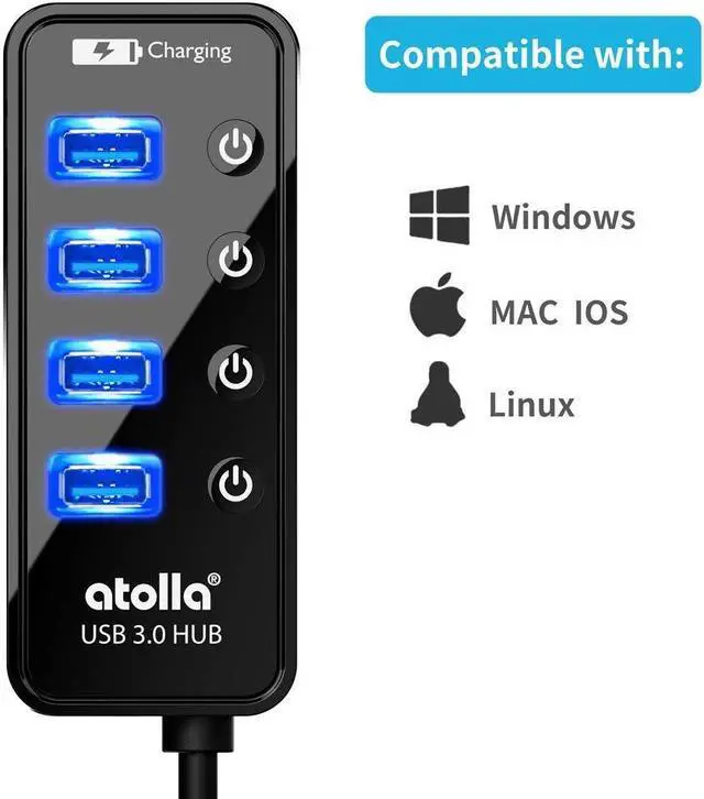 Alt view image 5 of 5 - atolla 4-Port USB 3.0 Hub, USB Splitter with Individual On/Off Switches & LED