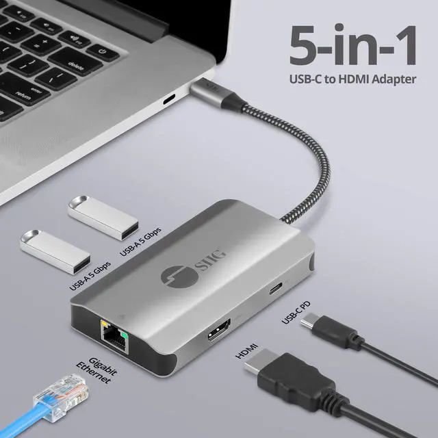 Alt view image 3 of 5 - SIIG 5-in-1 USB C Hub, 4K 30Hz HDMI Output/Ethernet 1Gbps/ 2X USB-A 5Gbps/ PD 100W USB-C for MacBook, Windows(Intel/AMD/Snapdragon), Chromebooks and USB Devices (JU-H30L11-S1)