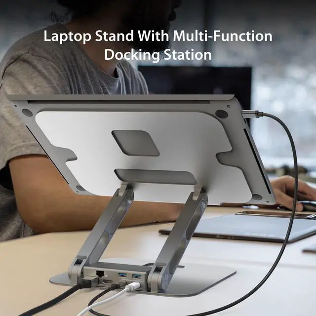 Alt view image 2 of 5 - j5create Laptop Stand with USB C Dual HDMI Display Hub - 2 USB A 5Gbps, PD 100W with USB-C 5Gbps, Ethernet | Aluminum Computer Riser for MacBook and Windows Notebook (JTS427)