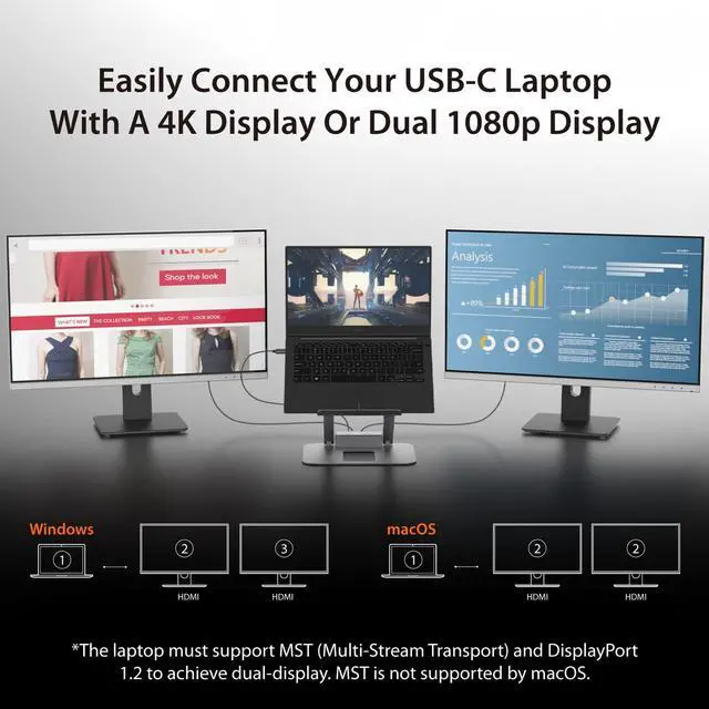 Alt view image 4 of 5 - j5create Laptop Stand with USB C Dual HDMI Display Hub - 2 USB A 5Gbps, PD 100W with USB-C 5Gbps, Ethernet | Aluminum Computer Riser for MacBook and Windows Notebook (JTS427)