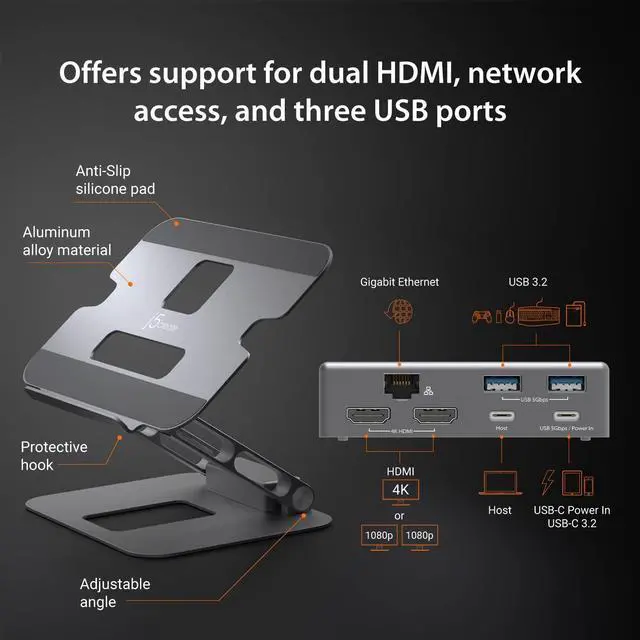 Alt view image 3 of 5 - j5create Laptop Stand with USB C Dual HDMI Display Hub - 2 USB A 5Gbps, PD 100W with USB-C 5Gbps, Ethernet | Aluminum Computer Riser for MacBook and Windows Notebook (JTS427)