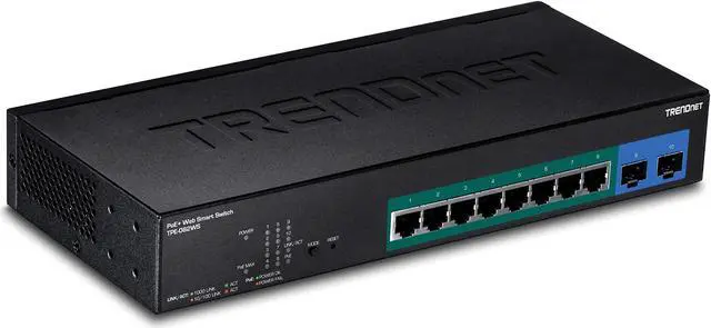 Main image of TRENDnet 10-Port Gigabit Web Smart PoE+ Switch, TPE-082WS, 8 X Gigabit PoE+ Ports, 2 X SFP Slots, Vlan, QoS, Lacp, IPv6 Support, 20Gbps Switching Capacity, 75W PoE Power Budget, Lifetime Protection