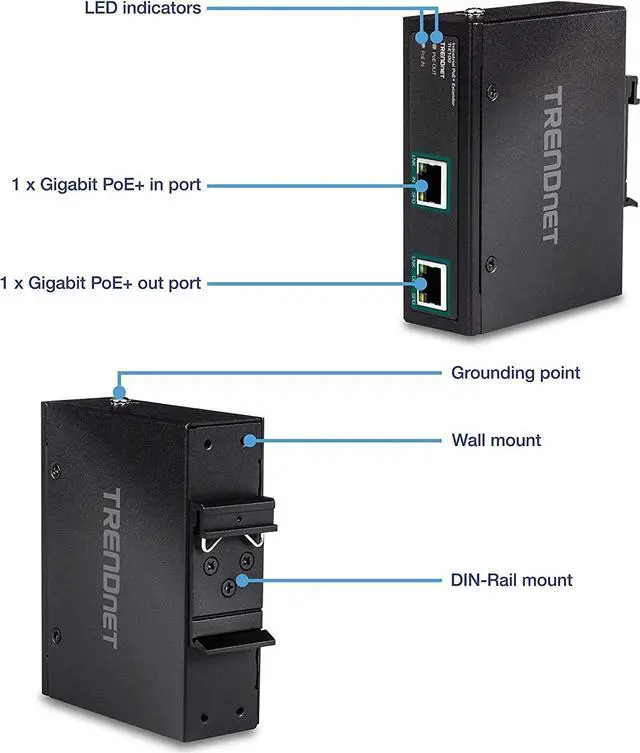 Alt view image 5 of 5 - TRENDnet Industrial Gigabit PoE+ Extender, TI-E100, Single Port PoE, Power Over Ethernet, Supports PoE (15.4W) and PoE+ (30W), Extends 100m, Cascade 2 Units for Distance Up to 300m (984 ft.), IP30