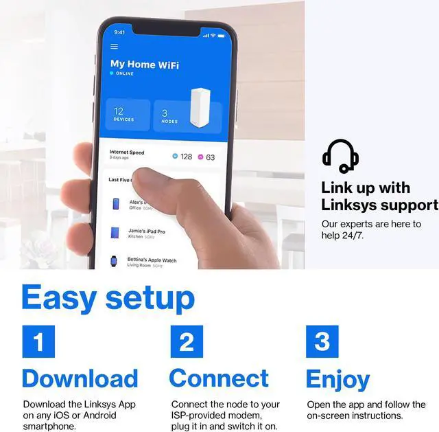 Alt view image 2 of 5 - Linksys Atlas WiFi 6 Router Home WiFi Mesh System, Dual-Band, 2,000 Sq. ft Coverage, 25+ Devices, Speeds up to (AX3000) 3.0Gbps - MX2000 1-Pack,White