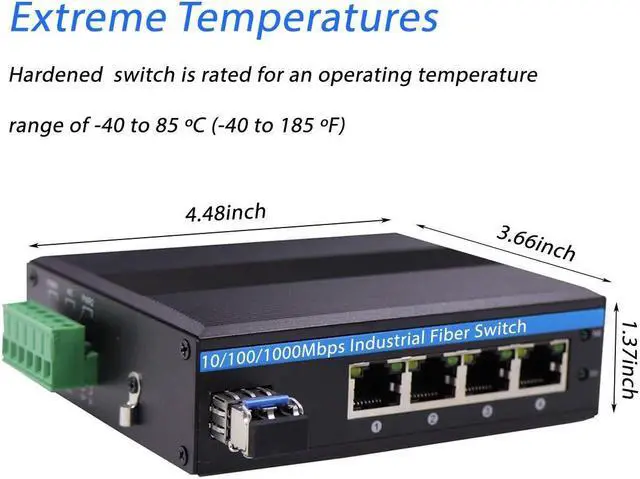 Alt view image 2 of 5 - OLYCOM Harsh Outdoor 5-Port Gigabit Ethernet Fiber Converter, Industrial DIN-Rail Network Switch, 100/1000Base-T to LC, Up to 20KM(with SFP Transceiver), IP40, Extreme Heat -40° 85°C (-40° 185°F)