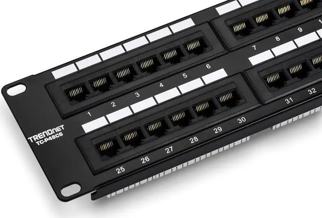 Main image of TRENDnet 48-Port Cat6 Unshielded Patch Panel, Wallmount or Rackmount, Compatible with Cat3,4,5,5e,6 Cabling, for Ethernet, Fast Ethernet, Gigabit Applications, Black, TC-P48C6