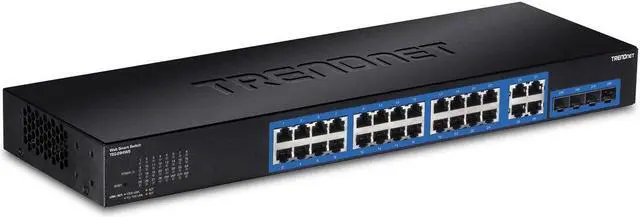 Main image of TRENDnet 28-Port Gigabit Web Smart Switch, 24 x Gigabit Ports, 4 x Shared Gigabit Ports (RJ-45/SFP), VLAN, QoS, LACP, IPv6, 56Gbps Switching Capacity, Lifetime Protection, TEG-284WS,Black