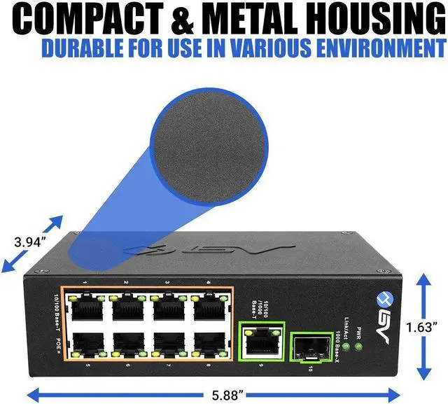 Alt view image 4 of 5 - BV-Tech 8 Port PoE Switch with 1 Gigabit Uplink and Industrial DIN Rail - Power Over Ethernet Network Switch for IP Cameras, VoIP Phones, Wireless APs - IEEE802.3af/at, Wide Temperature Range