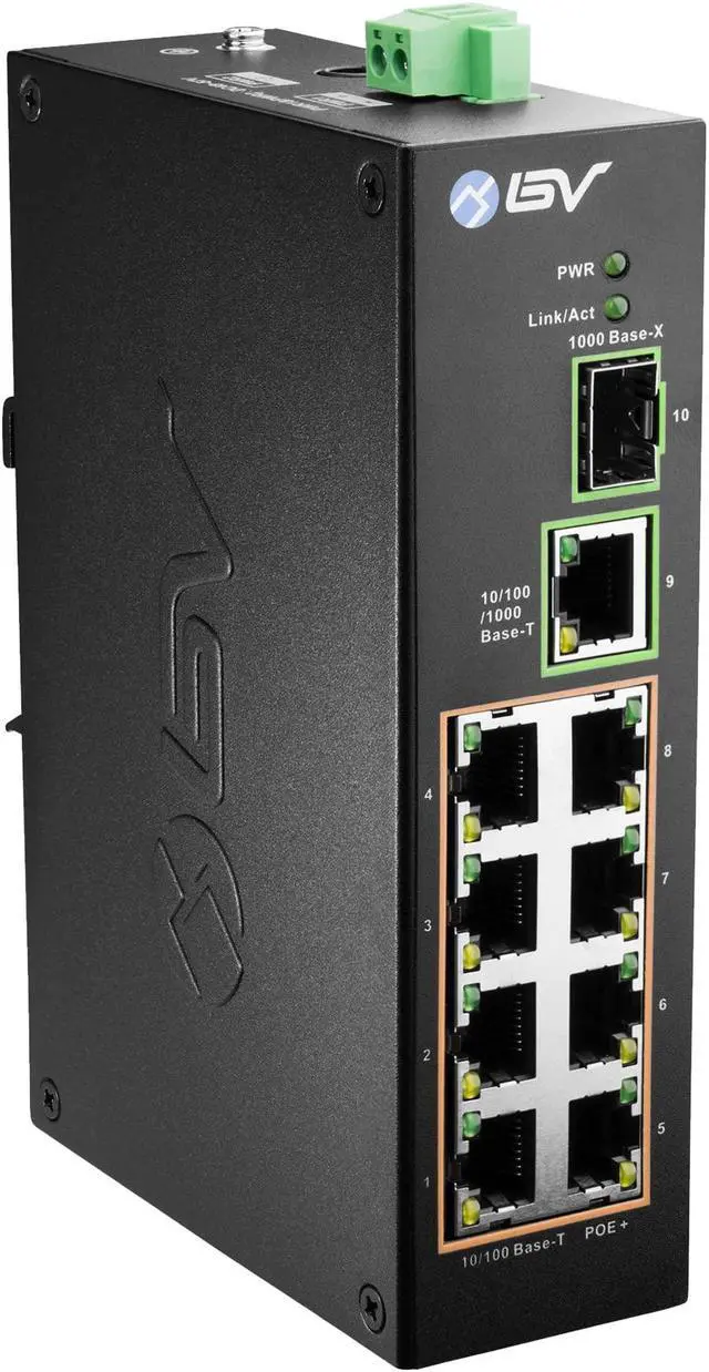 Main image of BV-Tech 8 Port PoE Switch with 1 Gigabit Uplink and Industrial DIN Rail - Power Over Ethernet Network Switch for IP Cameras, VoIP Phones, Wireless APs - IEEE802.3af/at, Wide Temperature Range
