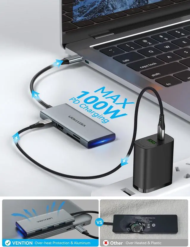 Alt view image 4 of 5 - VENTION USB C Hub for MacBook Pro, 7 in 1 USB C Multiport Adapter with 4k HDMI 100W PD USB 3.0 Ports SD/TF, USB C Dock Compatible with MacBook Air/Pro, iPad Pro, Surface, Dell XPS and More