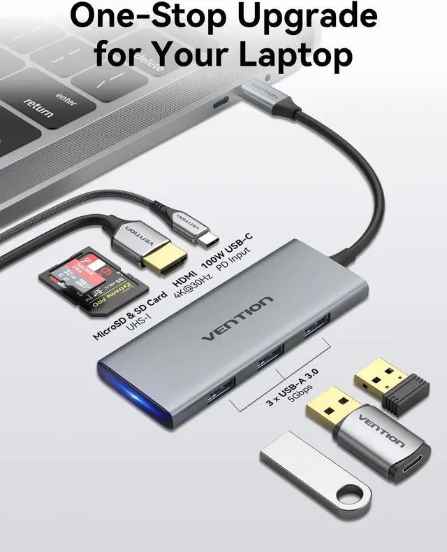 Alt view image 2 of 5 - VENTION USB C Hub for MacBook Pro, 7 in 1 USB C Multiport Adapter with 4k HDMI 100W PD USB 3.0 Ports SD/TF, USB C Dock Compatible with MacBook Air/Pro, iPad Pro, Surface, Dell XPS and More