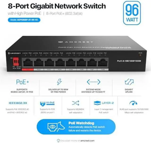 Alt view image 2 of 5 - Amcrest 8-Port POE+ Power Over Ethernet POE Switch with Metal Housing, 8-Ports POE+ 802.3af/at 96w (AGPS8E8P-AT-96-V2)
