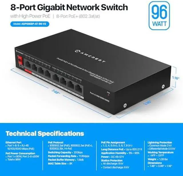 Alt view image 5 of 5 - Amcrest 8-Port POE+ Power Over Ethernet POE Switch with Metal Housing, 8-Ports POE+ 802.3af/at 96w (AGPS8E8P-AT-96-V2)