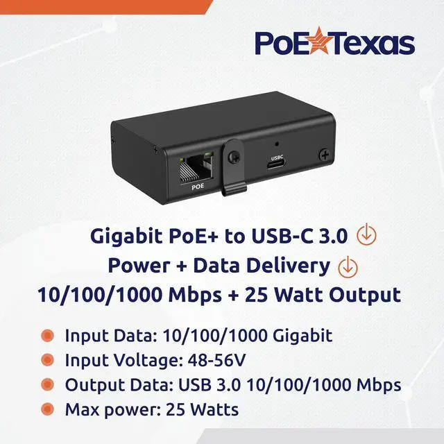 Alt view image 3 of 5 - PoE Texas Gigabit PoE+ to USB-C 3.0 Power and Data Delivery for 25w Tablets - 802.3at Power Over Ethernet Adapter - Active PoE Adapter for iPad Pro 12.9, Surface Go, Galaxy Tab at POS Stations, Kiosks