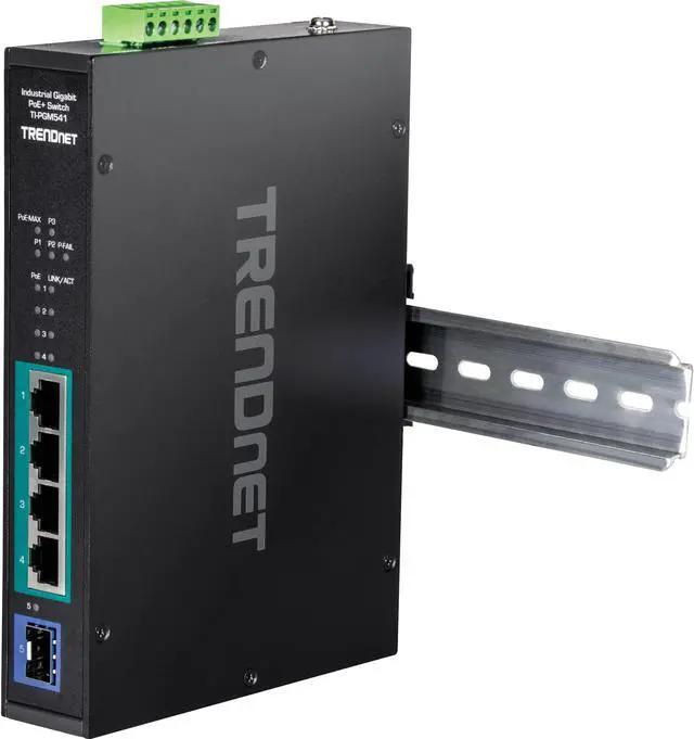 Alt view image 5 of 5 - TRENDnet 5-Port Industrial Gigabit PoE+ Switch, Wide Temperature Range -20°  65°C (-4°  149°F), DIN-Rail Switch, 50-55V DC, 4 x Gigabit PoE+ Ports, 1 x Gigabit SFP Slot, TI-PGM541, Black