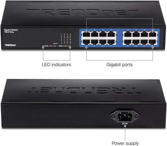 Alt view image 3 of 5 - TRENDnet 16-Port Unmanaged Gigabit GREENnet Desktop Metal Switch, Ethernet Splitter, Fanless,16 x RJ-45 Ports, 32 Gbps Forwarding Capacity, TEG-S16DG