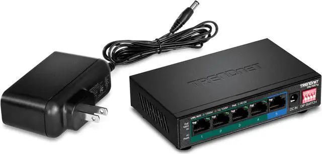 Main image of TRENDnet 5-Port Gigabit PoE+ Switch, Camera DIP Switch extends PoE+ 200m (656 ft.), 60W PoE Budget,Lifetime Protection, Black, TPE-TG51g