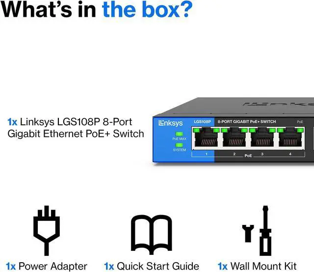 Alt view image 5 of 5 - Linksys LGS108P 8 Port Gigabit Unmanaged Network PoE Switch with 4 PoE+ Ports @ 50W - Ideal for Business, Home, Office, IP Surveillance - Desktop Ethernet Switch Hub with Metal Housing