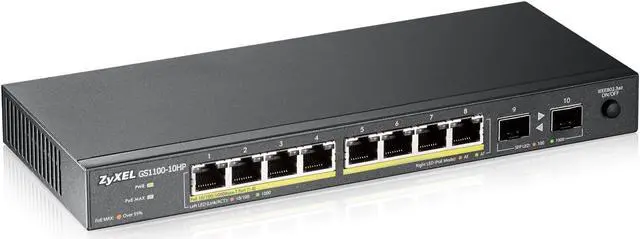 Main image of Zyxel 10-Port Gigabit Unmanaged PoE Switch | 8X PoE+ @130W + 2X SFP | Desktop/Wall Mount [GS1100-10HP]
