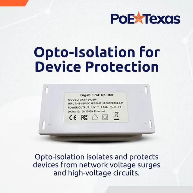Alt view image 4 of 5 - PoE Texas 12 Volt PoE+ - IEEE 802.3at - Splitter Splits Power Over Ethernet to 12v DC & Gigabit Data with Opto-Isolation Protection for 12v 25w Devices, Tablets, Single Board Computers, PTZ Cameras