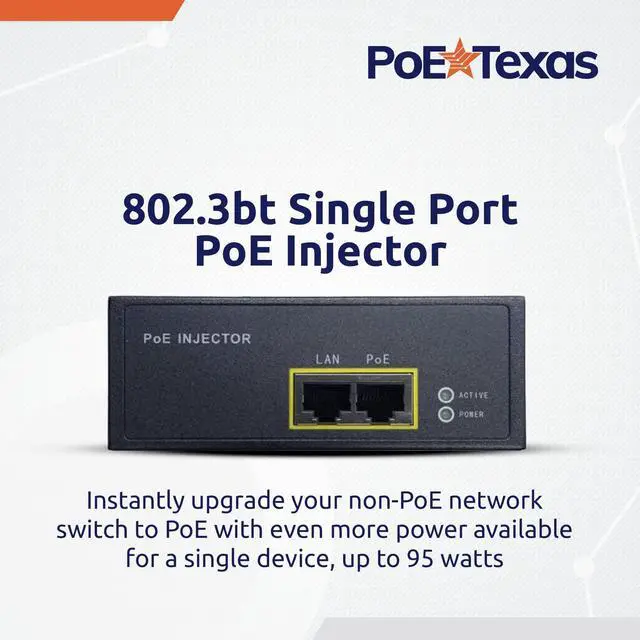 Alt view image 2 of 5 - Poe Texas PoE Injector - 802.3bt PoE++ Single Port Power Over Ethernet Injector - Active PoE Adapter with 55V 95W Output - 10/100/1000 Gigabit Data - Mode A/B Wall Mount Plug & Play