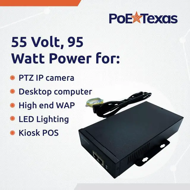 Alt view image 5 of 5 - Poe Texas PoE Injector - 802.3bt PoE++ Single Port Power Over Ethernet Injector - Active PoE Adapter with 55V 95W Output - 10/100/1000 Gigabit Data - Mode A/B Wall Mount Plug & Play