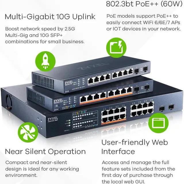 Alt view image 2 of 5 - Zyxel 18-Port Multi-Gig 2.5G Cloud/Smart Managed PoE++ Switch @180W | with 8 x PoE++(60W)| 2 x 10G SFP+| Rack Mount [XMG1915-18EP]