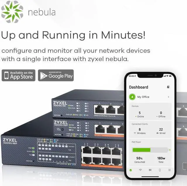 Alt view image 3 of 5 - Zyxel 18-Port Multi-Gig 2.5G Cloud/Smart Managed PoE++ Switch @180W | with 8 x PoE++(60W)| 2 x 10G SFP+| Rack Mount [XMG1915-18EP]