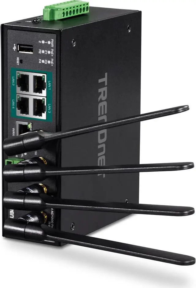 Main image of TRENDnet Industrial AC1200 Wireless Gigabit PoE+ Router, TI-WP100, 4 x Gigabit PoE+ Ports, 1 x Gigabit WAN Port, IP30 Housing, 120W PoE Power Budget, Dual-WAN, Dual-Band WiFi, VPN, Inter-VLAN Routing