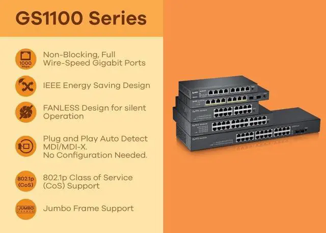 Alt view image 5 of 5 - Zyxel 16-Port Gigabit Ethernet Unmanaged Switch - Fanless Design [GS1100-16]