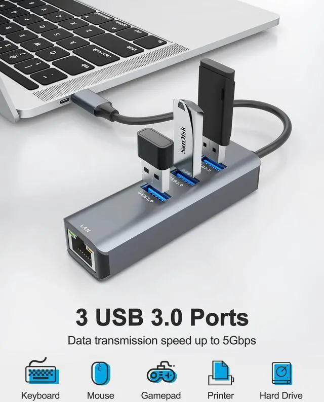 Alt view image 3 of 5 - ABLEWE USB C to Ethernet Adapter, 4-in-1 RJ45 to USB-C/Thunderbolt 3 to Gigabit Ethernet LAN Network Adapter for MacBook Pro/Air 2021/2020/2019, iPad Pro 2021, Chromebook, XPS, Surface Book 3/2/Go