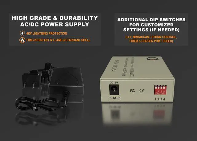 Alt view image 4 of 5 - Single Mode ST Gigabit Fiber Media Converter - Built-in Fiber Module 20 km (12.42 Miles) ST  to UTP Cat5e Cat6 10/100/1000 RJ-45  Auto Sensing Gigabit or Fast Ethernet - Jumbo Frame - LLF Support