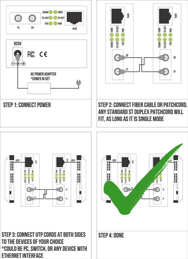 Alt view image 5 of 5 - Single Mode ST Gigabit Fiber Media Converter - Built-in Fiber Module 20 km (12.42 Miles) ST  to UTP Cat5e Cat6 10/100/1000 RJ-45  Auto Sensing Gigabit or Fast Ethernet - Jumbo Frame - LLF Support