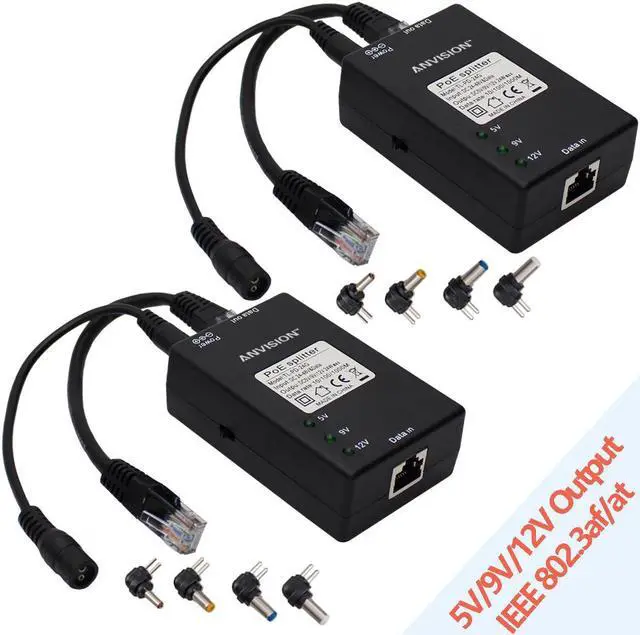 Main image of ANVISION 2-Pack Active Gigabit PoE Splitter Adapter with Multi-Size Tips, IEEE 802.3af Compliant, up to 100 Meters (328 Feet), DC 5V/9V/12V Power Output for IP Camera AP Voip Phone and More
