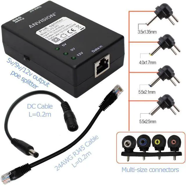 Alt view image 5 of 5 - ANVISION 2-Pack Active Gigabit PoE Splitter Adapter with Multi-Size Tips, IEEE 802.3af Compliant, up to 100 Meters (328 Feet), DC 5V/9V/12V Power Output for IP Camera AP Voip Phone and More