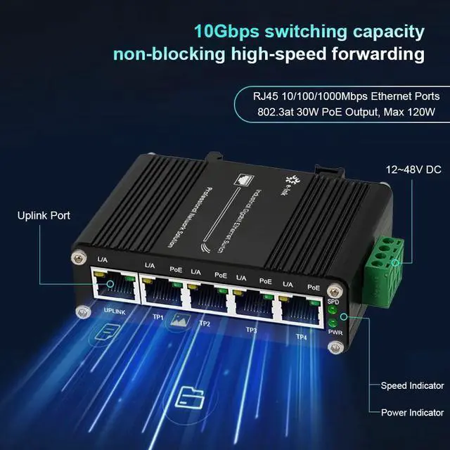 Alt view image 2 of 5 - Centopto Mini Industrial 5 Ports Gigabit PoE Switch - Hardened RJ45 10/100/1000Mbps 802.3at 30W/Port Ethernet Din Rail Mount PoE+ Unmanaged 10Gbps Switching Capacity