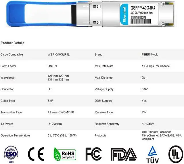 Alt view image 2 of 5 - 40G QSFP+ LR4L for Cisco WSP-Q40GLR4L, 40GBASE-LR4L QSFP+ 1310nm CWDM4 2km LC SMF DDM Optical Transceiver Module