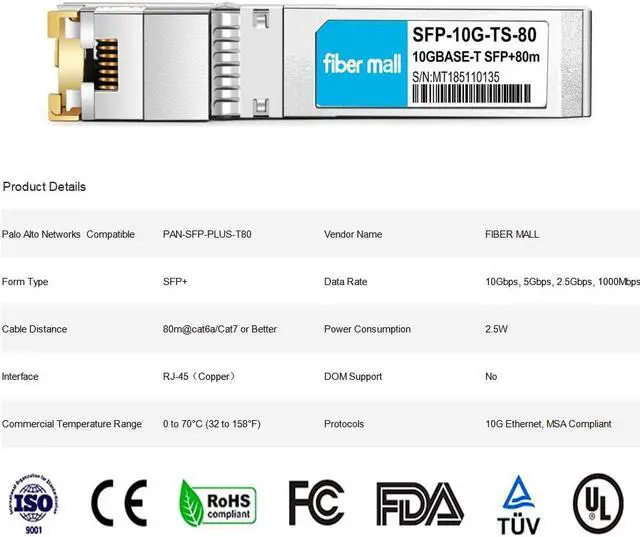 Alt view image 2 of 5 - 10G SFP+ RJ45 80m for Palo Alto Networks PAN-SFP-PLUS-T80 10GBASE-T SFP+ 80m RJ45 Cat6a/7 Mini-GBIC 10gb Copper R-J45 Transceiver Module